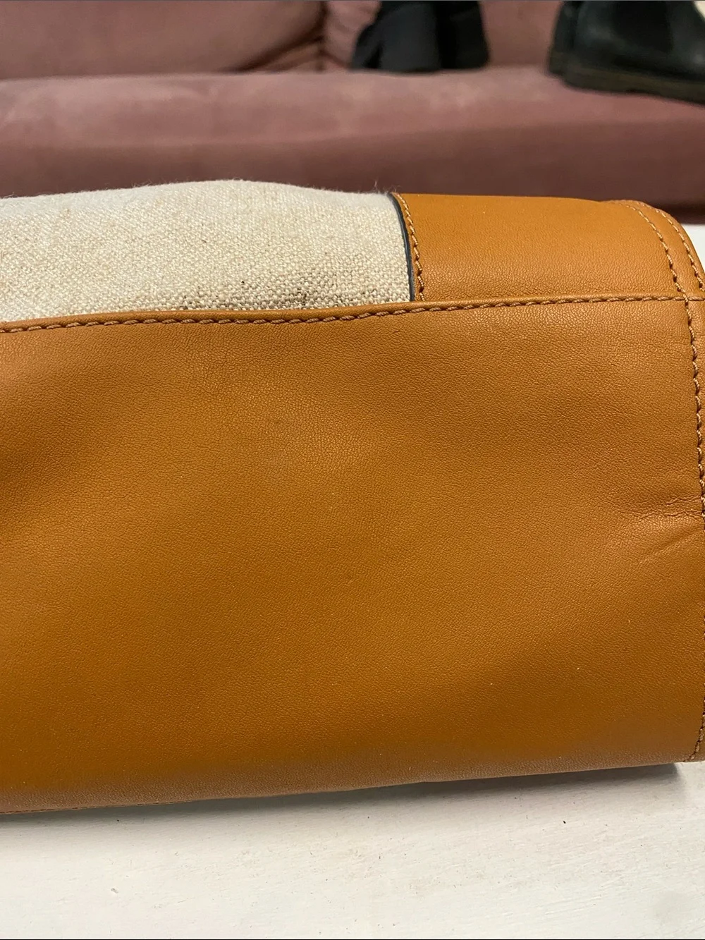 Tory Burch Canvas Tote with Tan Leather Trim and Embroidered Medallion